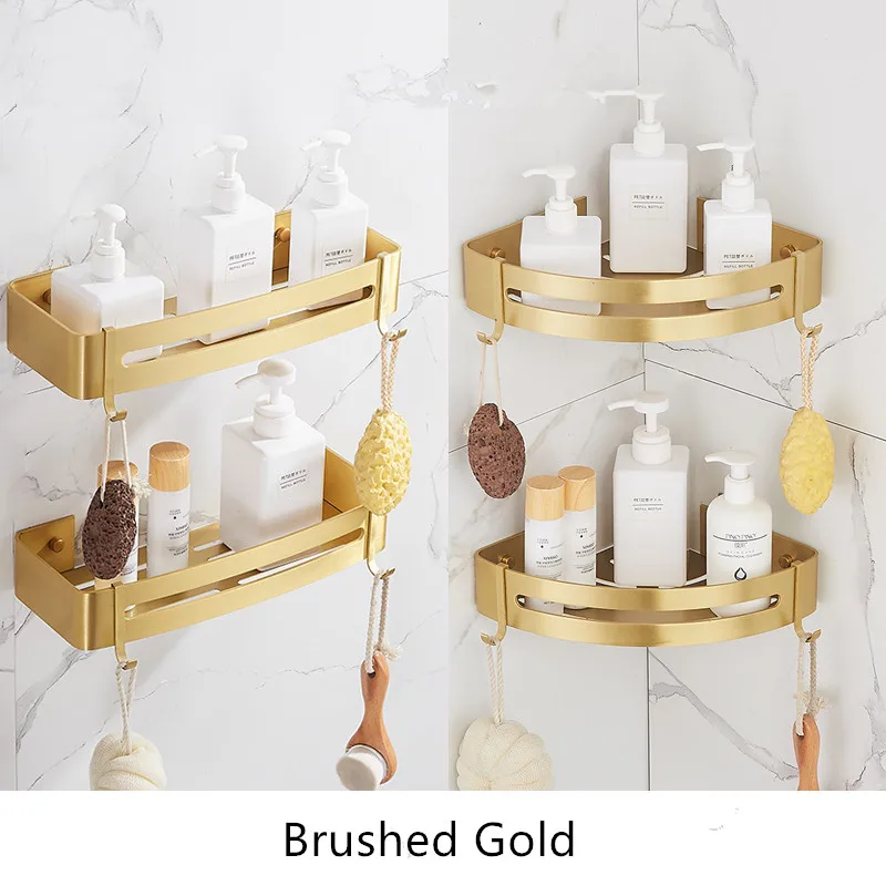 Brushed Gold Bathroom Corner Shelf — angle 3, free shipping at JEHORIZON
