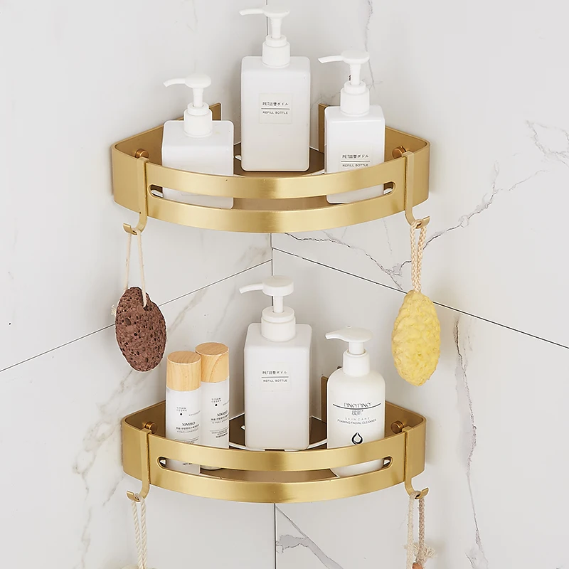 Brushed Gold Bathroom Corner Shelf — angle 5, free shipping at JEHORIZON