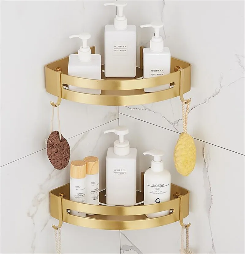 Brushed Gold Bathroom Corner Shelf — angle 2, free shipping at JEHORIZON