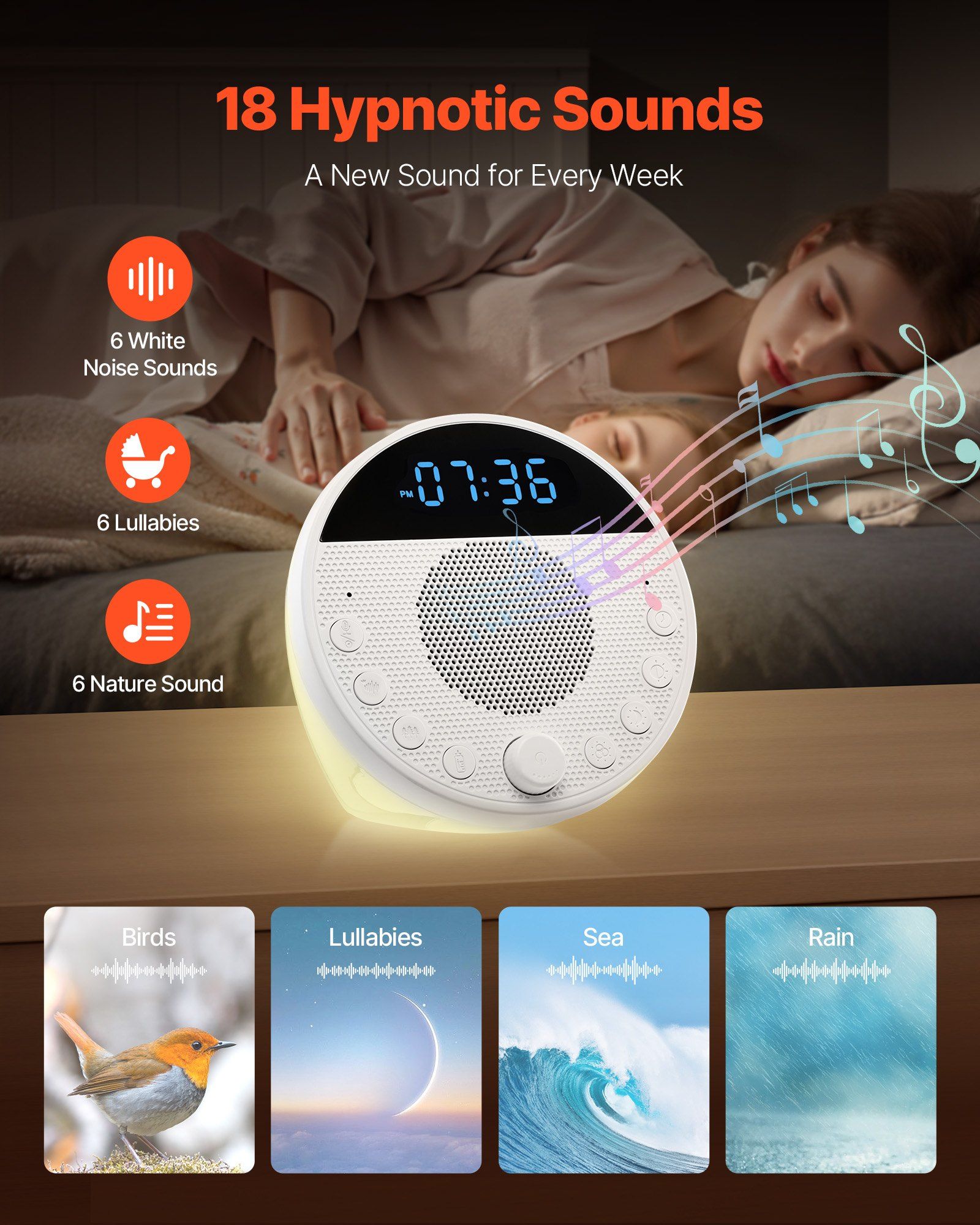 Baby Sleep Sound Machine with Night Light — angle 2, free shipping at JEHORIZON
