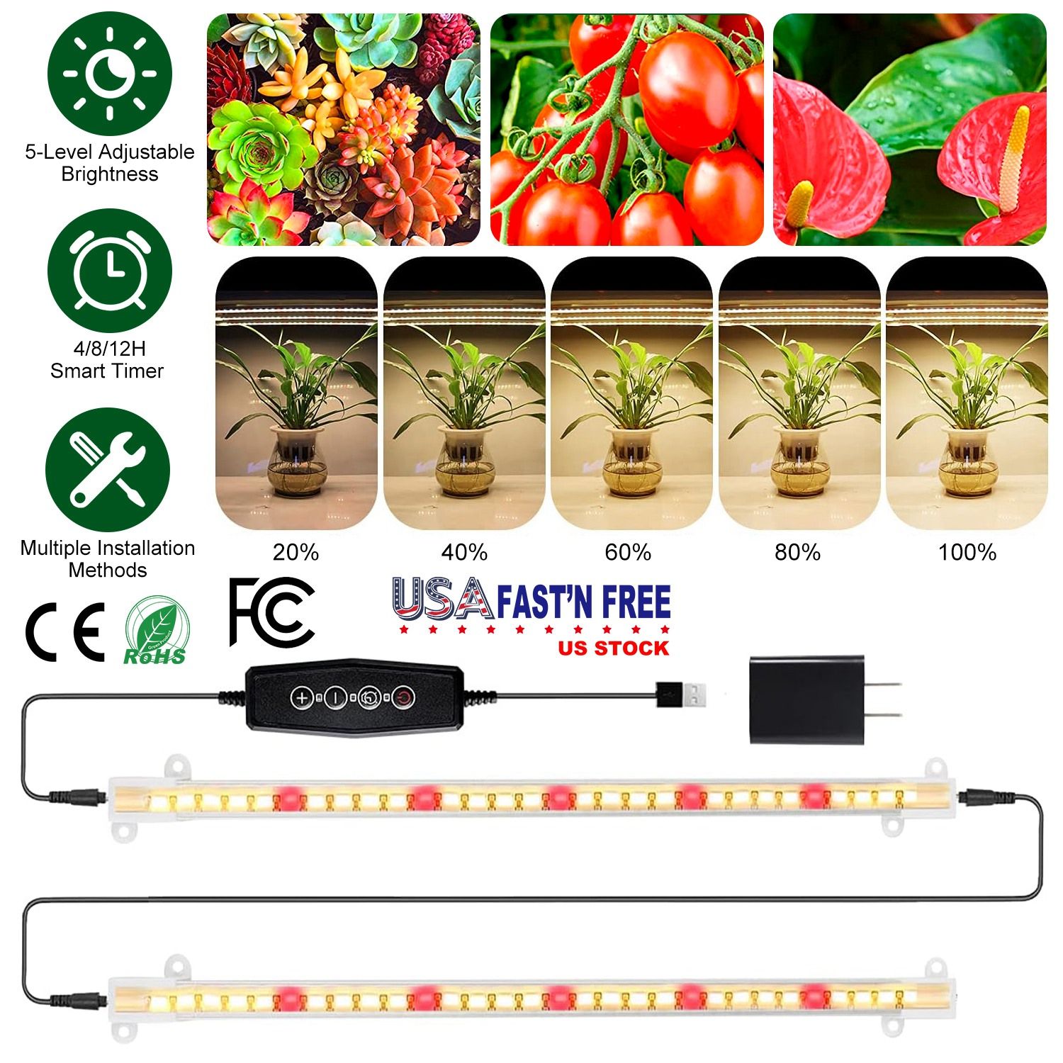 Full Spectrum LED Grow Light Strips Garden — angle 3, free shipping at JEHORIZON